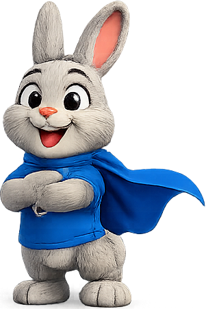 RoveSafe bunny mascot wearing a superhero cape
