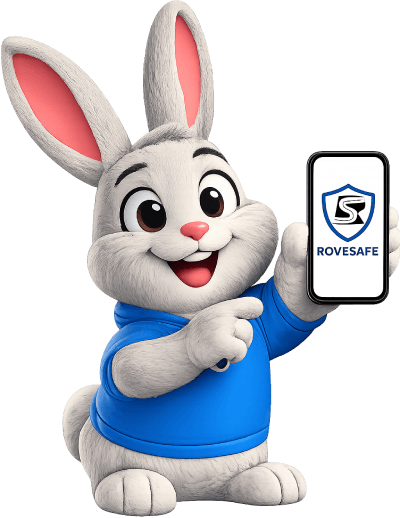 RoveSafe safety bunny mascot showing the app on a phone