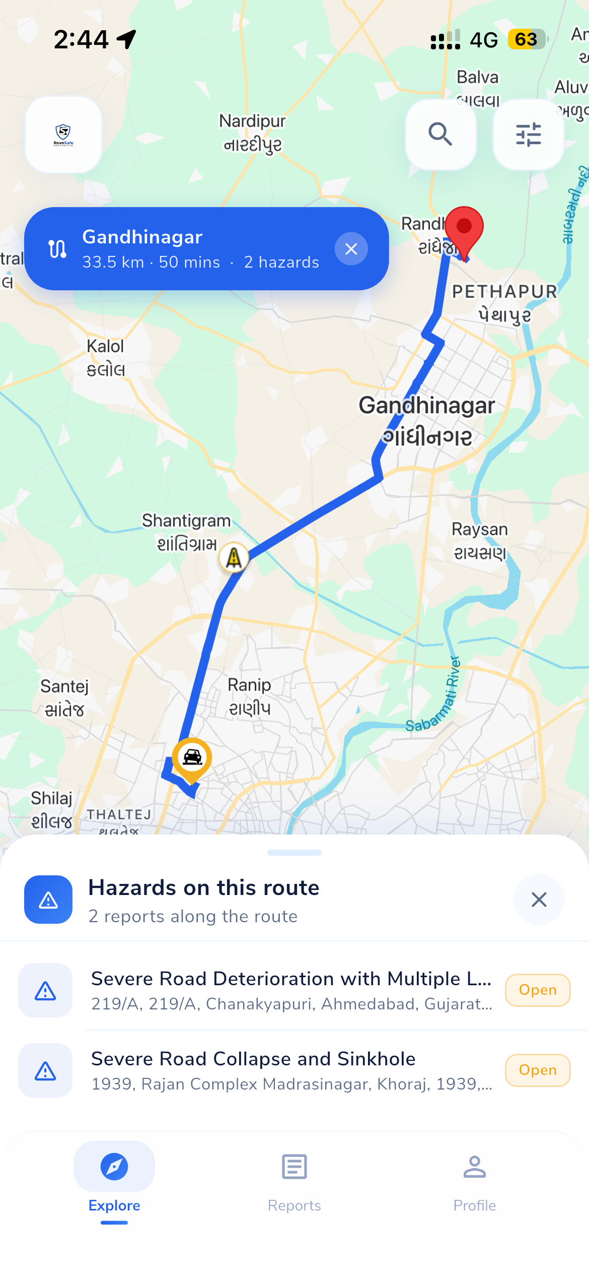 RoveSafe — hazards along your route to a destination